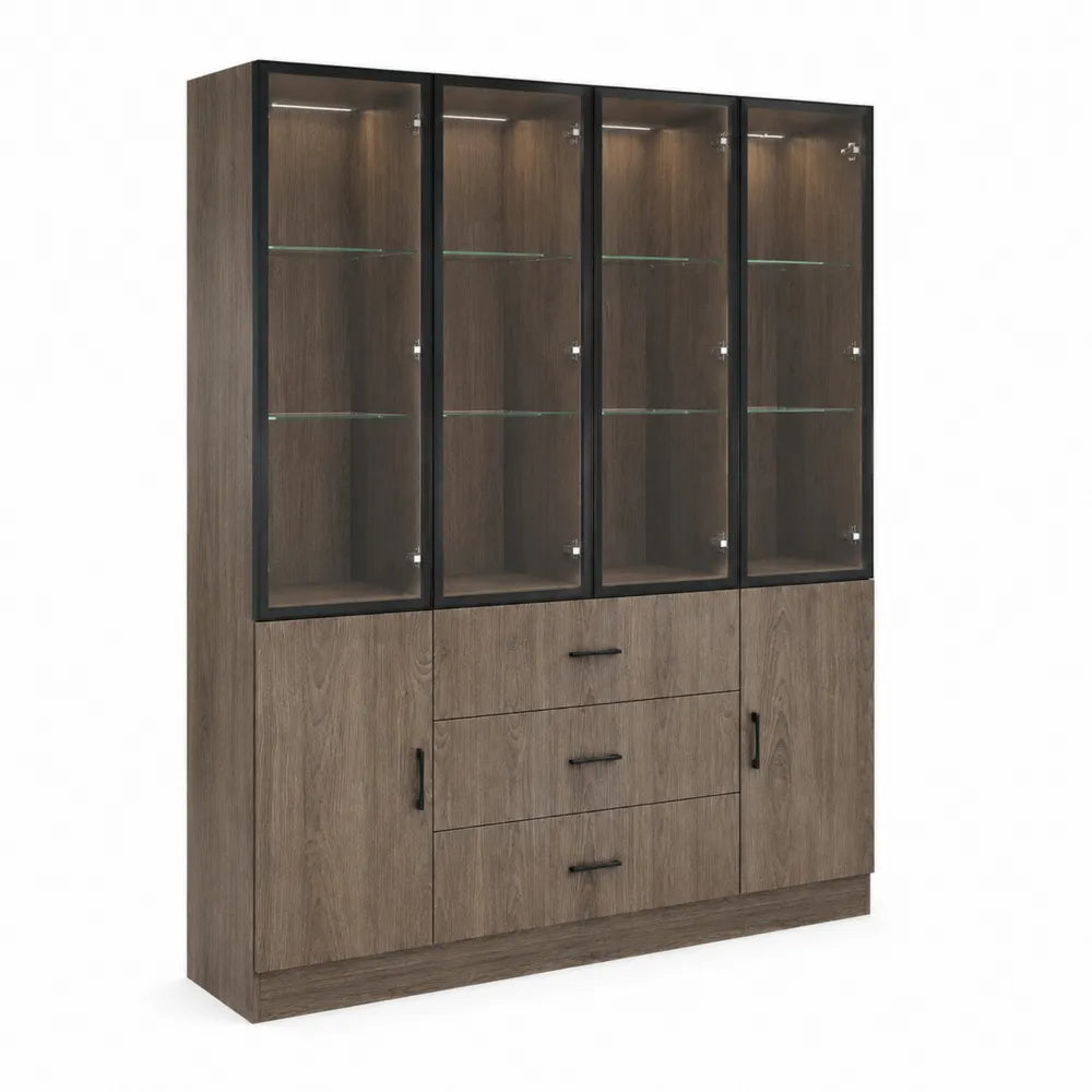 Bibliothèque vitrée en bois avec portes en verre trempé Brun