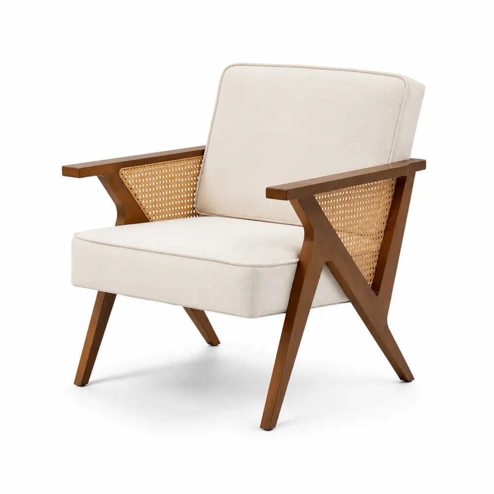 Fauteuil en bois et rotin avec revêtement en tissu beige