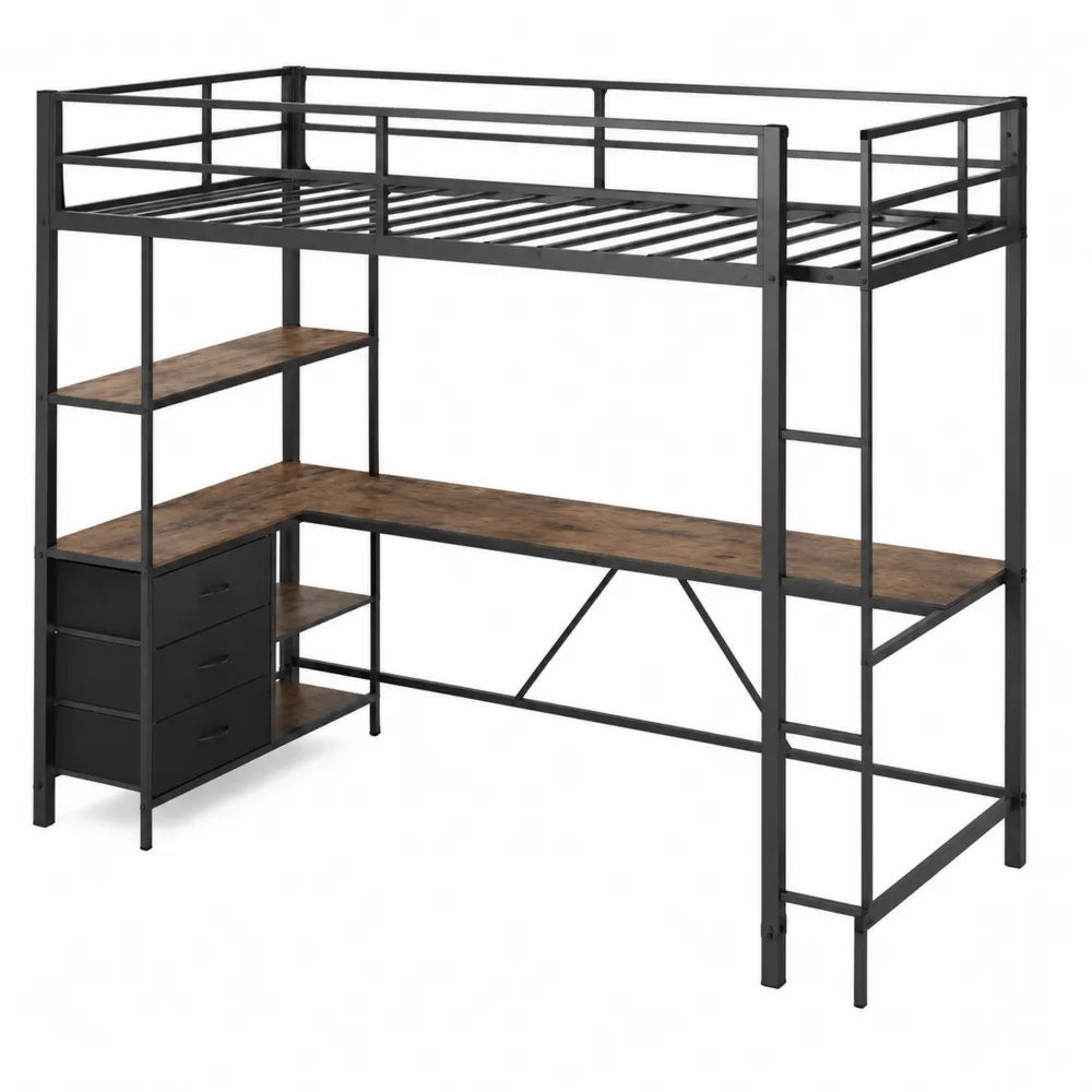 Lit mezzanine en métal avec bureau et étagères Noir et Bois Brun