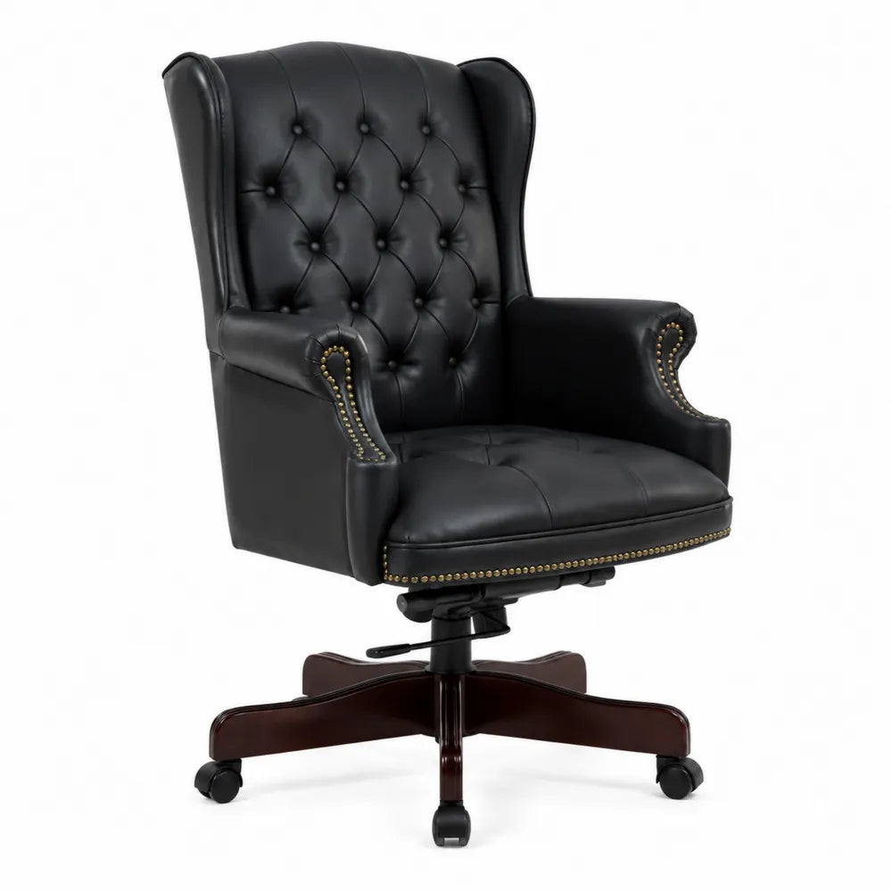 Chaise de Bureau en Cuir Synthétique Noir avec Base en Bois Massif