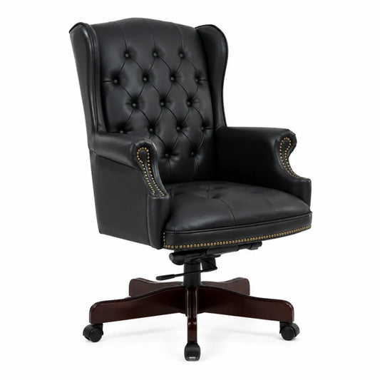 Chaise de Bureau en Cuir Synthétique Noir avec Base en Bois Massif