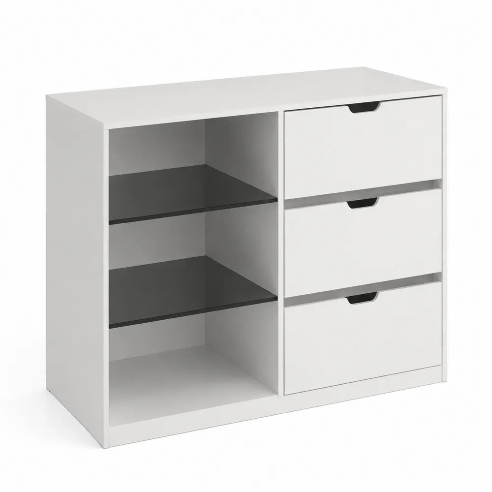 Buffet en Bois Blanc avec Étagères en Verre Noir