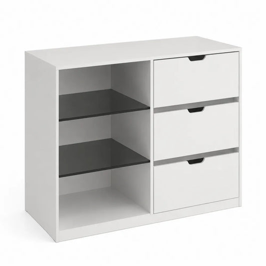 Buffet en Bois Blanc avec Étagères en Verre Noir