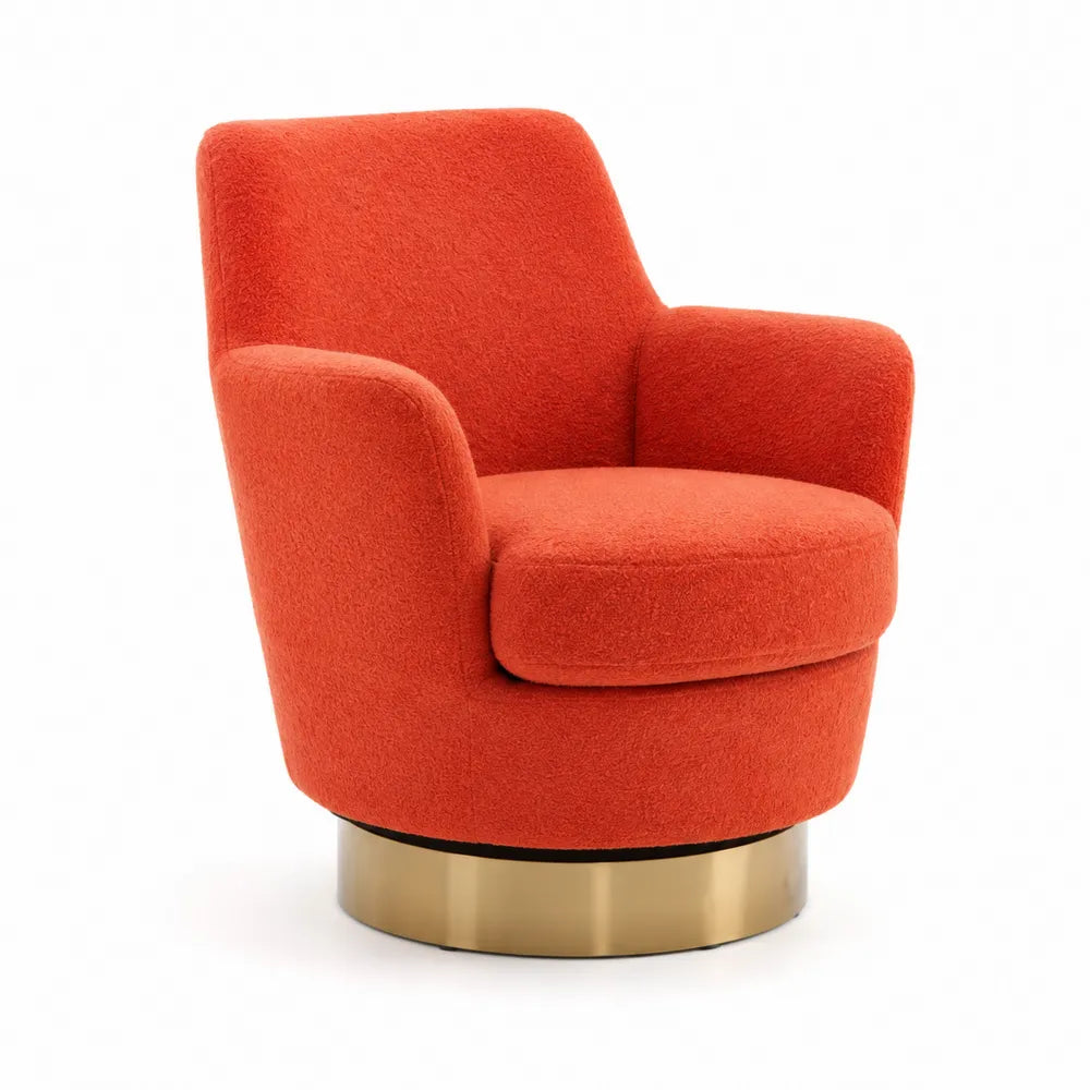 Fauteuil pivotant en tissu orange avec base en métal doré