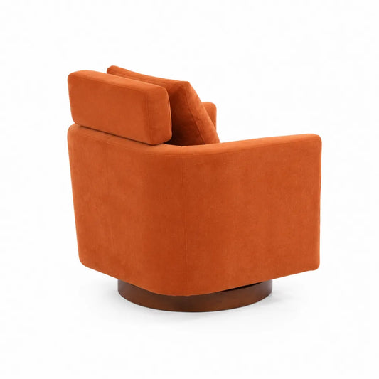 Fauteuil pivotant en tissu orange avec base en bois