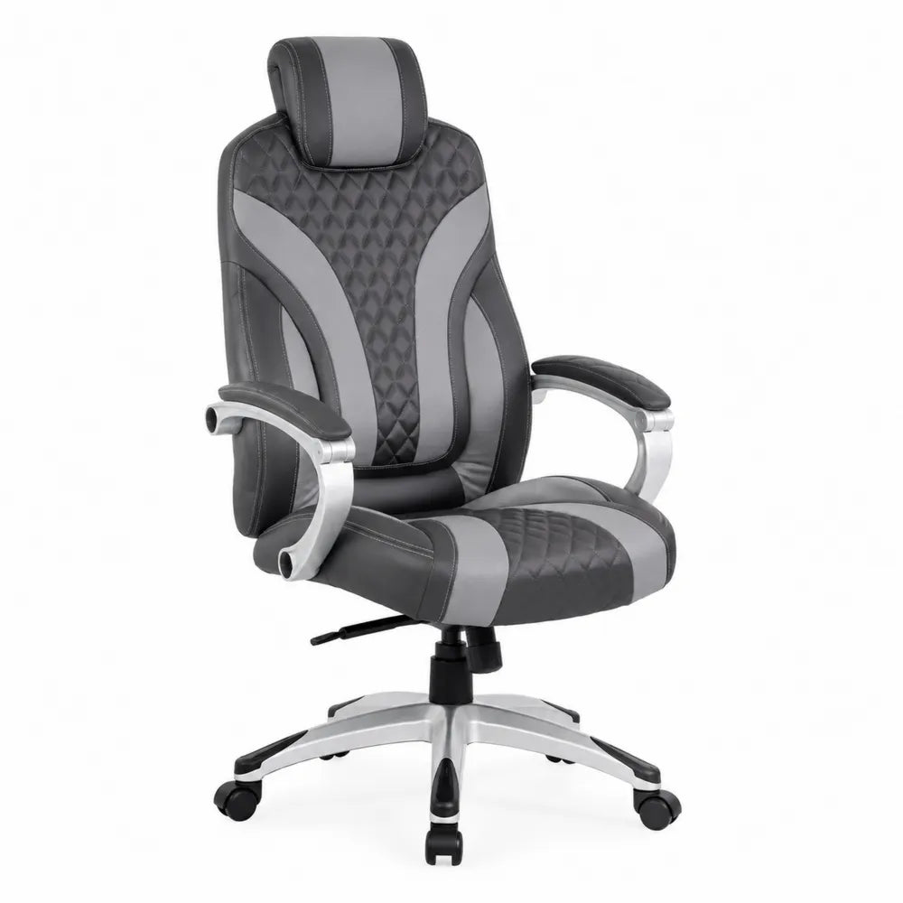 Chaise de bureau en similicuir noir et gris avec accoudoirs en métal