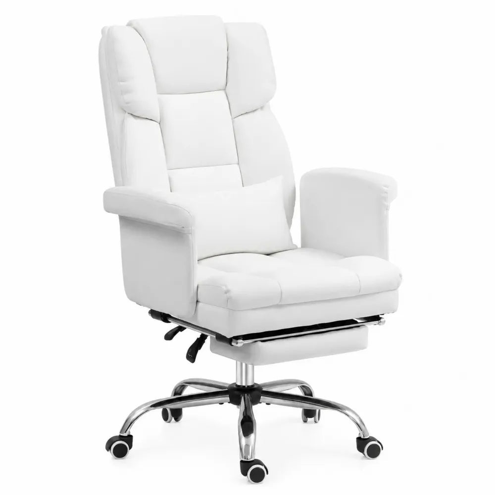 Chaise de bureau en cuir synthétique blanc avec repose-pieds