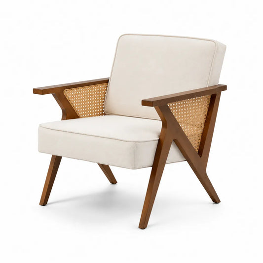 Fauteuil en bois et rotin avec revêtement en tissu beige