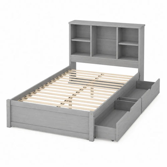 Lit simple en bois avec rangement intégré en Bois Gris