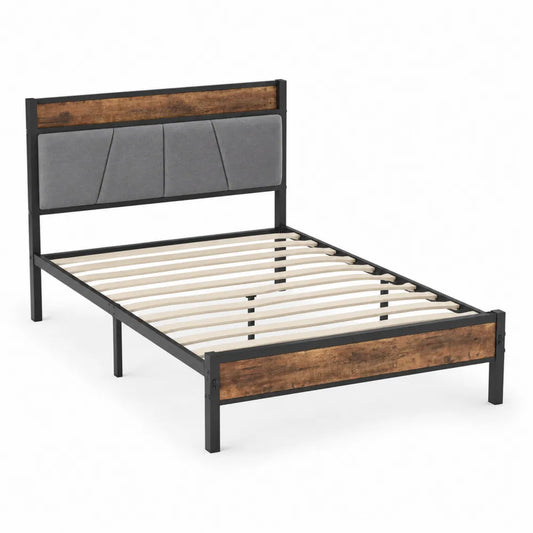 Lit double en métal noir et brun avec tête de lit en tissu gris